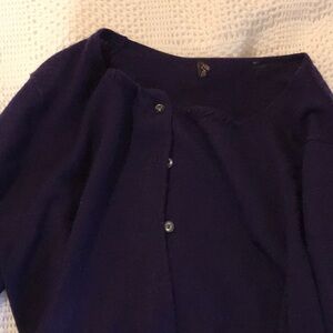 Dark purple fine knit cardigan with ribbed sleeve and ribbed Botton